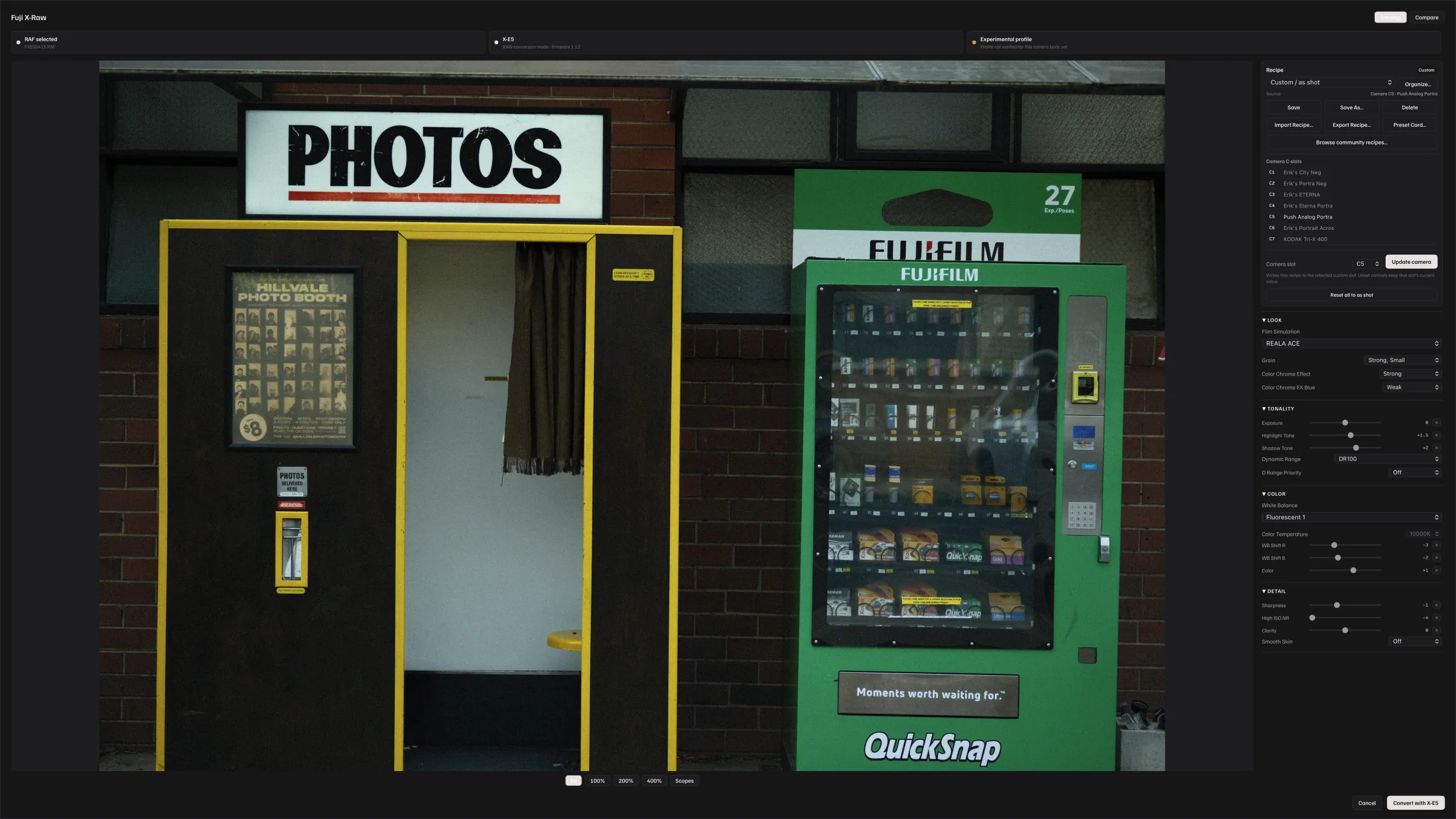 Proof Fuji X-Raw showing a photo booth photograph with film simulation and recipe controls