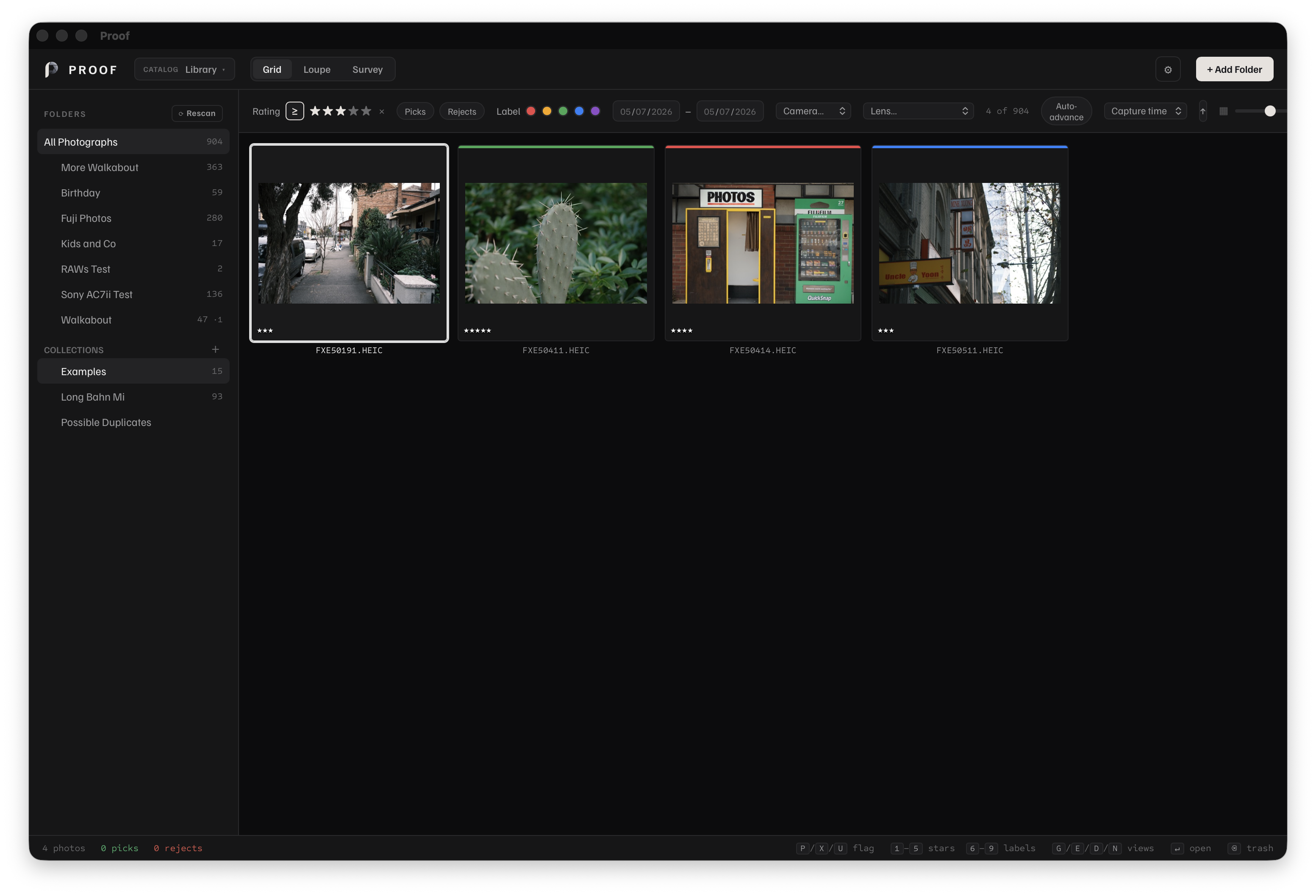 Proof ratings and labels workflow with star, pick, and color controls